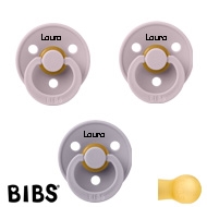 BIBS Colour SSchnullermit Namen, 2 Dusky Lilac, 1Fossil Grey, Runde latex Größe 2,  (3er Pack)